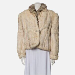 Vintage Genuine Rabbit and Fox Tail Cropped Fur Coat Jacket L Cream Glam Mobwife
